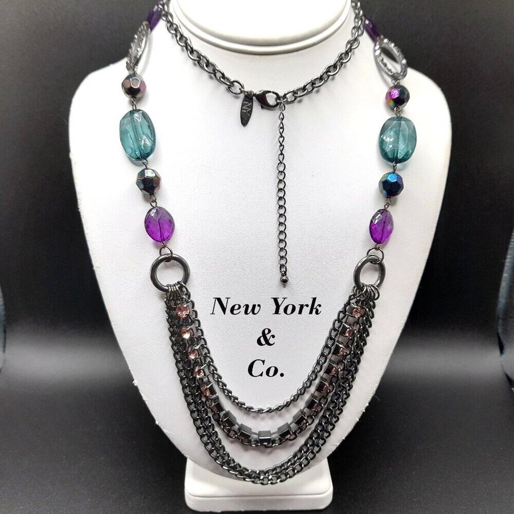 New York & Company Jewel Colors Necklace, 38 Inches Length, Purple Blue Pink